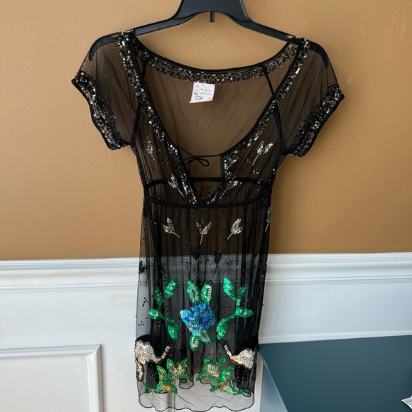 Free People Rare Vintage Black Sheer Dress w/ Sequin Elephants Slip Mesh Size 0 - Picture 2 of 5